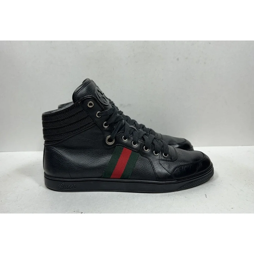Gucci Web High Sneakers GG Black Leather High Top Men's Size 10 US / 9 G Shoes‎